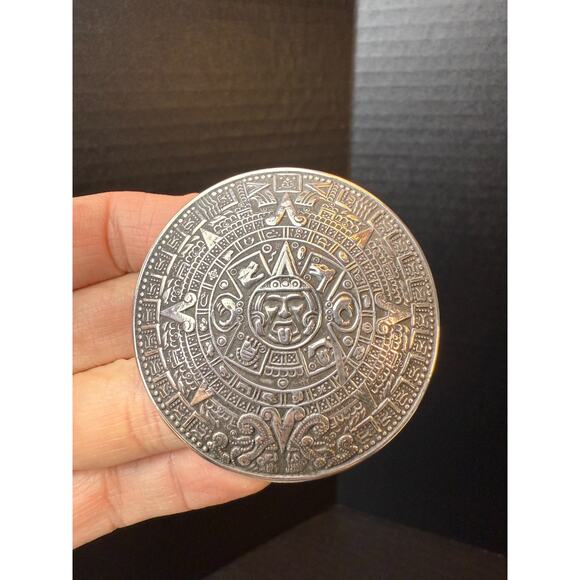 Sterling Silver Aztec Sun Calendar Mexico 2" Pendant Brooch Pin 925 - Picture 2 of 10
